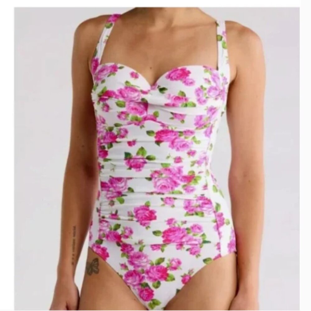 BETSY JOHNSON Bandeau Love Always Betsy Print One Piece Pink/White Medium NWT!